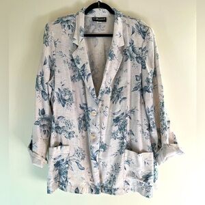 Vintage Sag Harbor Floral Flax Linen Blazer Blue Tan Cottagecore